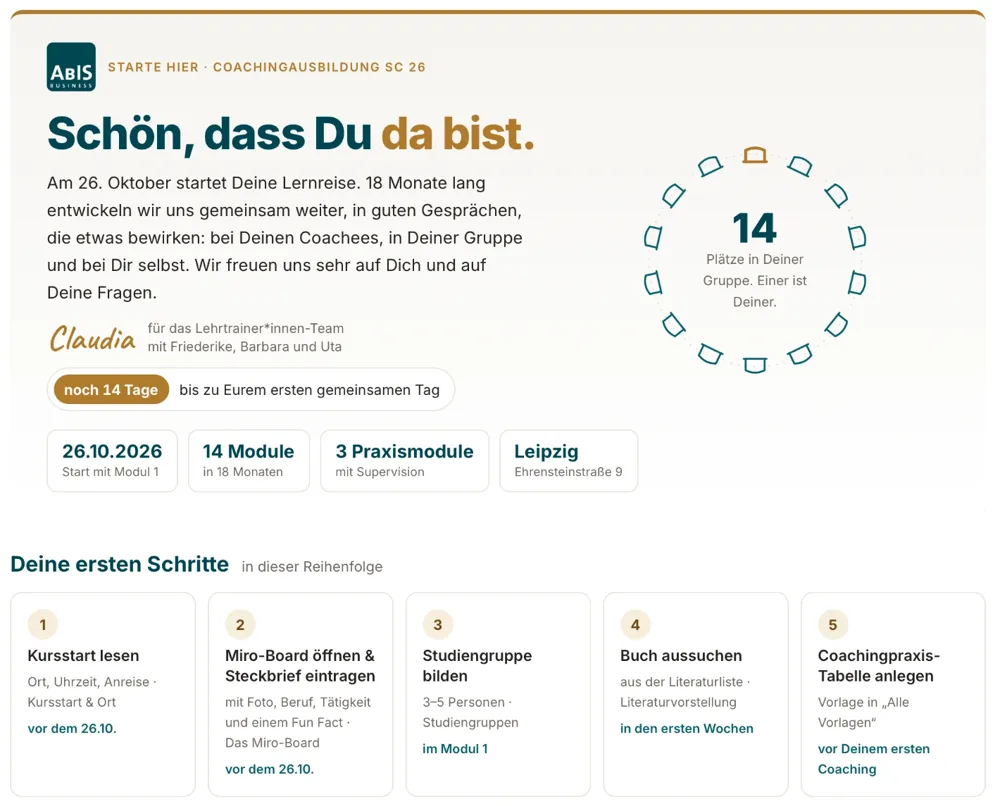 Startseite der digitalen Lernplattform der Coaching-Ausbildung am ABIS Leipzig mit Begrüßung und ersten Schritten