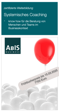 Flyer zur SG-zertifizierten Weiterbildung „Systemisches Coaching“ am ABIS Institut Leipzig